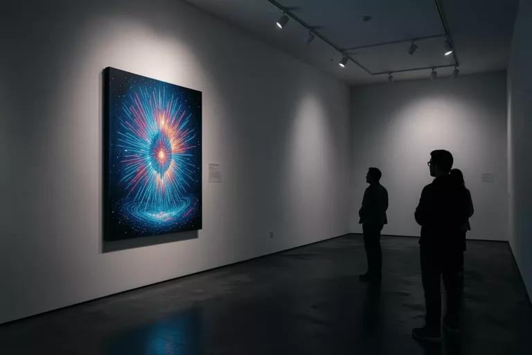 AI-generated canvas glowing in a contemporary gallery