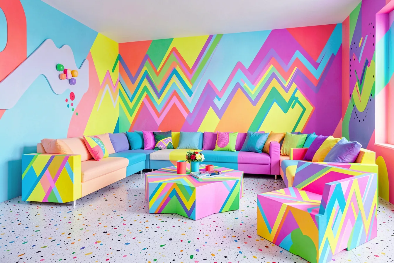 Memphis style living room reimagined by AI with clashing colors and geometric furniture