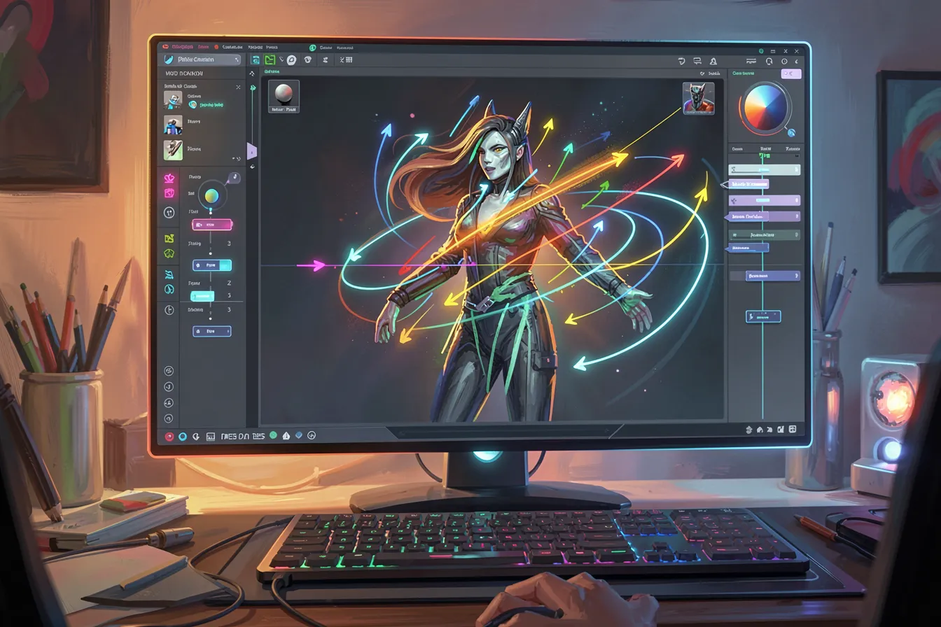 Generative AI motion controls: keyframes, motion arrows, and a camera path over a stylized figure