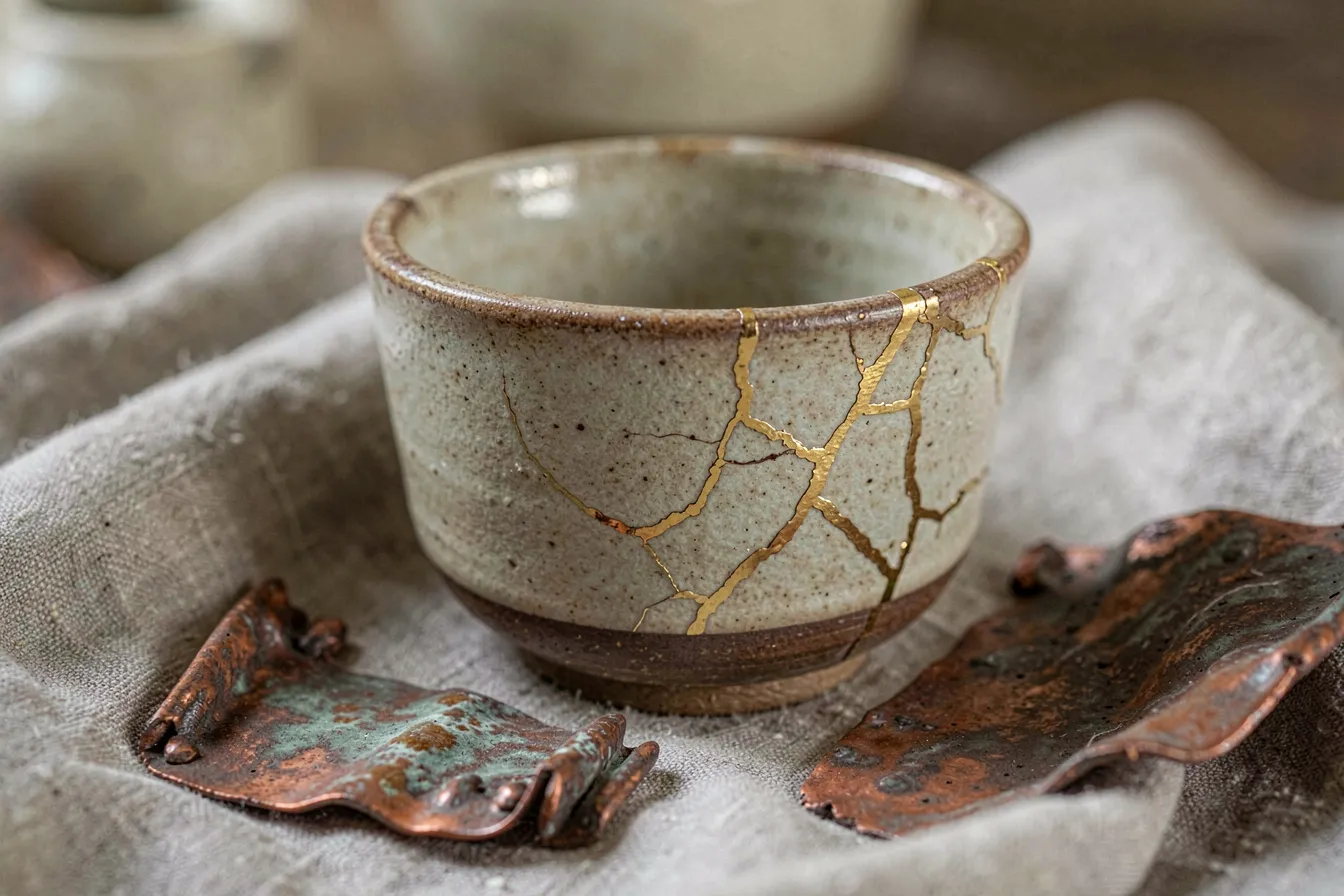 Hand-thrown clay tea cup with kintsugi gold repair, wabi-sabi still life