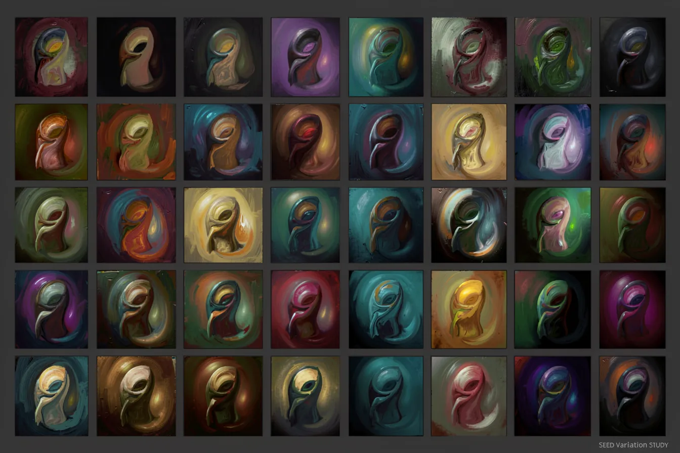 Grid of seed variations of one abstract figure, a generative art contact sheet