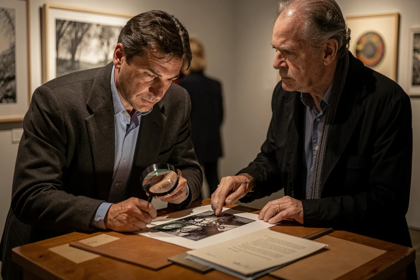 Gallerist and collector examining an artwork's provenance