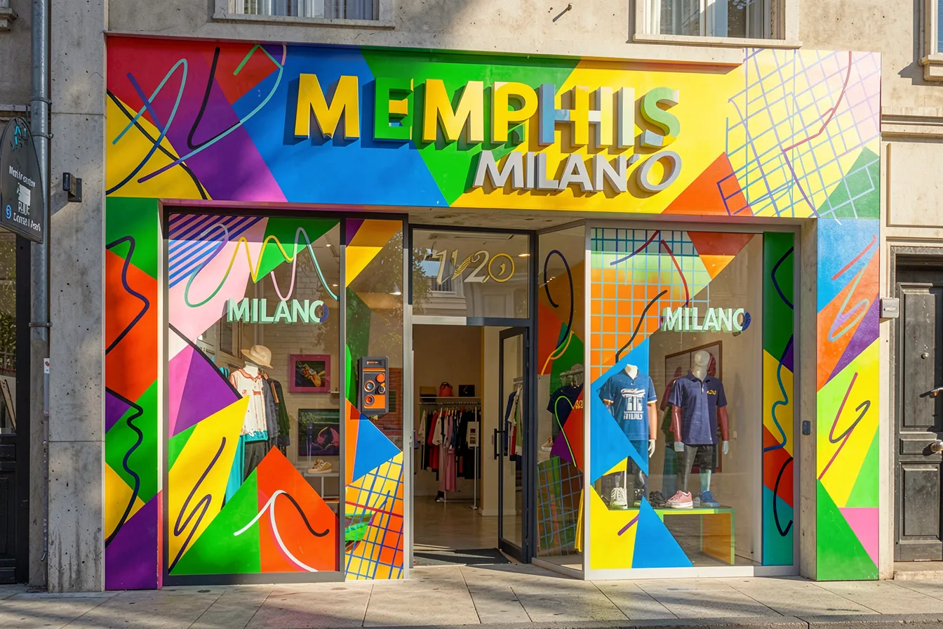 Memphis Milano inspired retail facade with bold geometric shapes and primary colors
