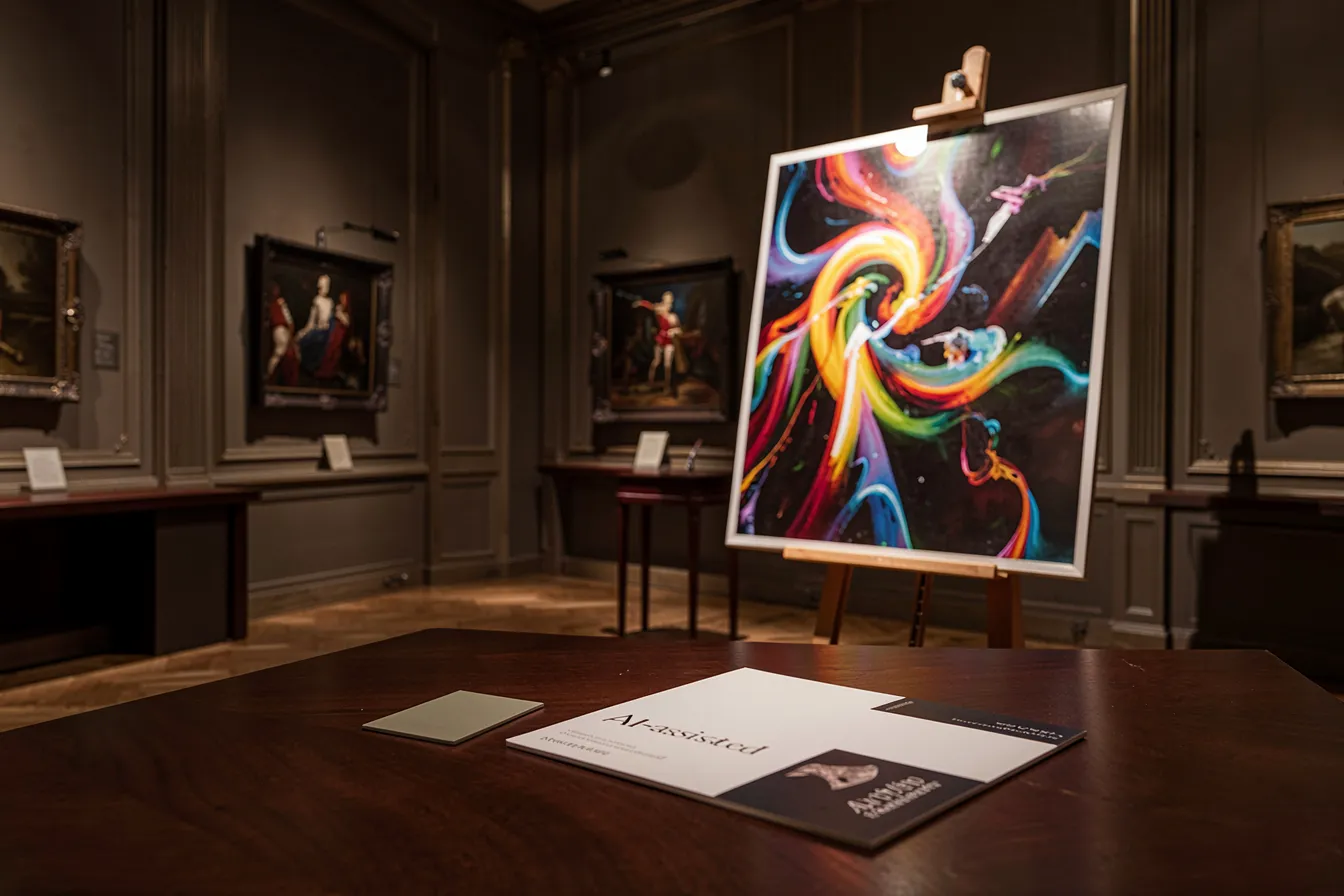 Auction house preview with an AI-assisted catalog card beside a generative artwork