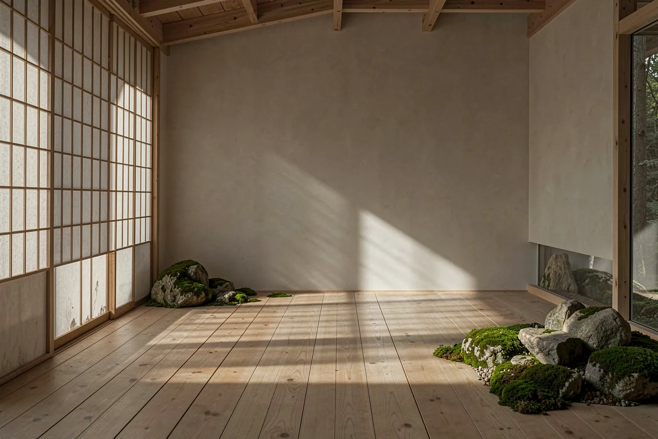 Minimalist wabi-sabi room with shoji screen and bare wooden floor
