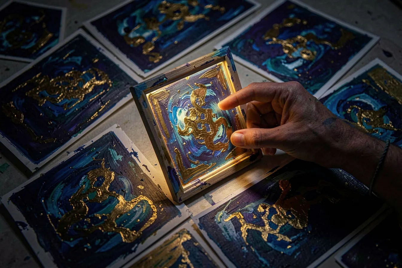 An artist's hand selecting one frame from many generative art variations