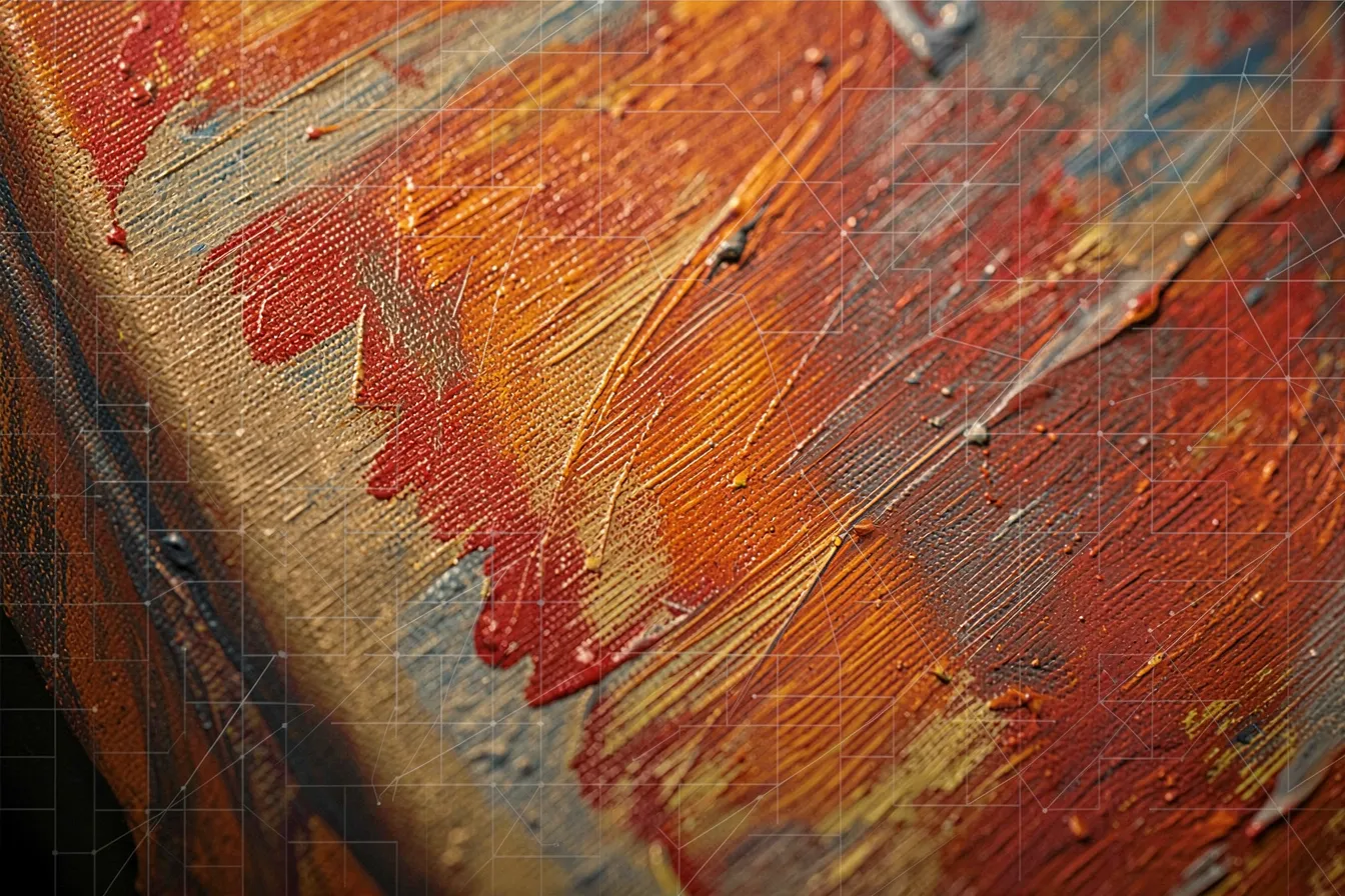 Hand-painted brushstrokes meeting a dissolving digital grid
