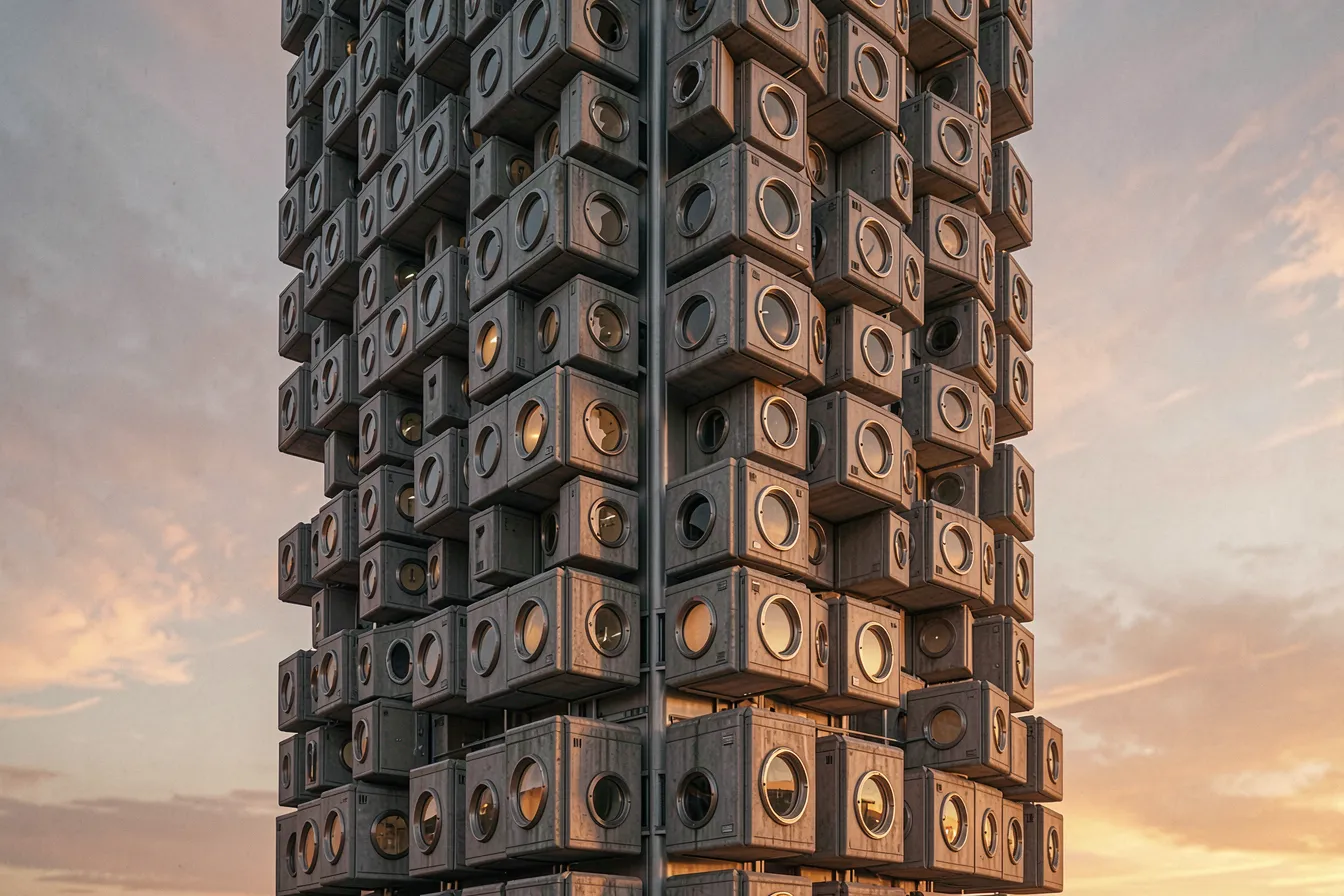 Capsule tower with modular residential pods, Metabolism style