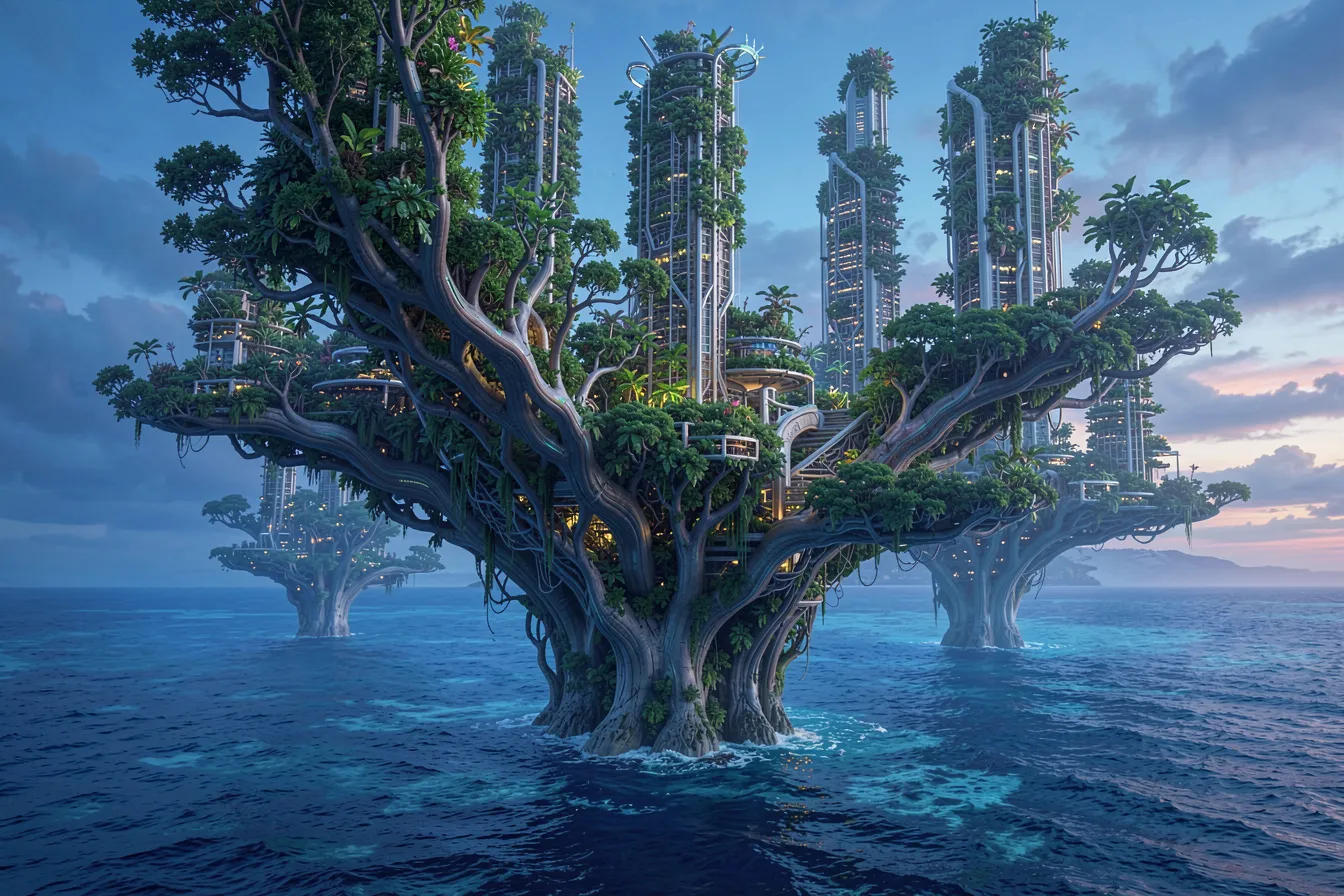 AI-generated floating Metabolist marine city with vertical farms