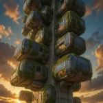 AI-reimagined Japanese Metabolism capsule megastructure with modular pods