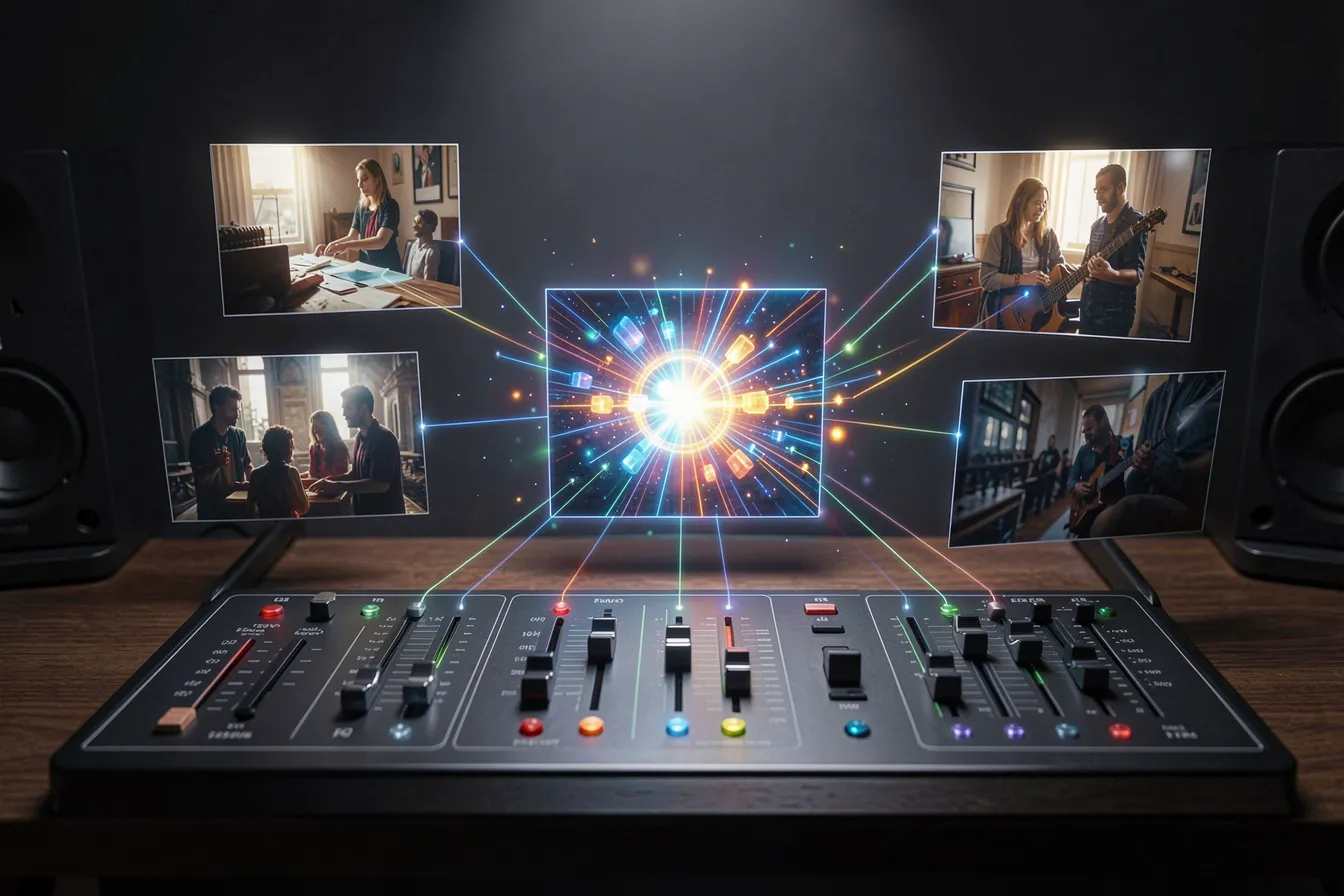 Multiple reference images feeding sliders into one central AI artwork