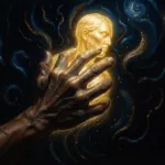 Eine Hand meißelt eine leuchtende Lichtfigur aus dunklem Rauschen, Sinnbild für das Formen von KI-Kunst durch Weglassen