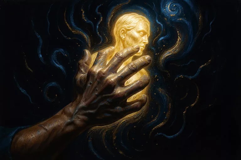 Eine Hand meißelt eine leuchtende Lichtfigur aus dunklem Rauschen, Sinnbild für das Formen von KI-Kunst durch Weglassen