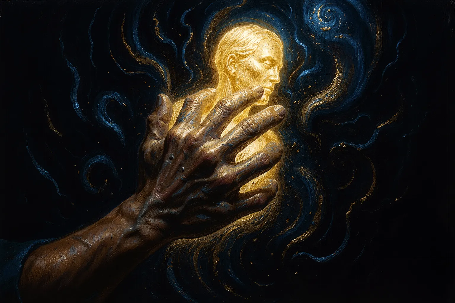Eine Hand meißelt eine leuchtende Lichtfigur aus dunklem Rauschen, Sinnbild für das Formen von KI-Kunst durch Weglassen