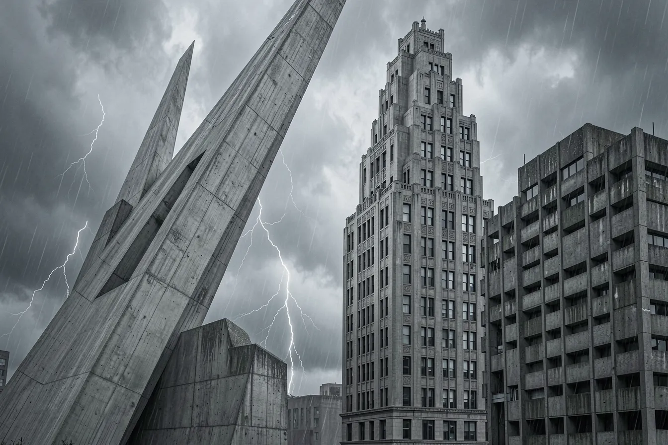 Futuristischer Turm im Vergleich mit Art-déco- und Brutalismus-Bauten, KI-Architekturstudie