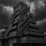 KI-Darstellung eines monumentalen futuristischen Betonturms mit außenliegenden diagonalen Aufzügen, im Geiste Sant'Elias