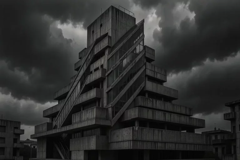 KI-Darstellung eines monumentalen futuristischen Betonturms mit außenliegenden diagonalen Aufzügen, im Geiste Sant'Elias