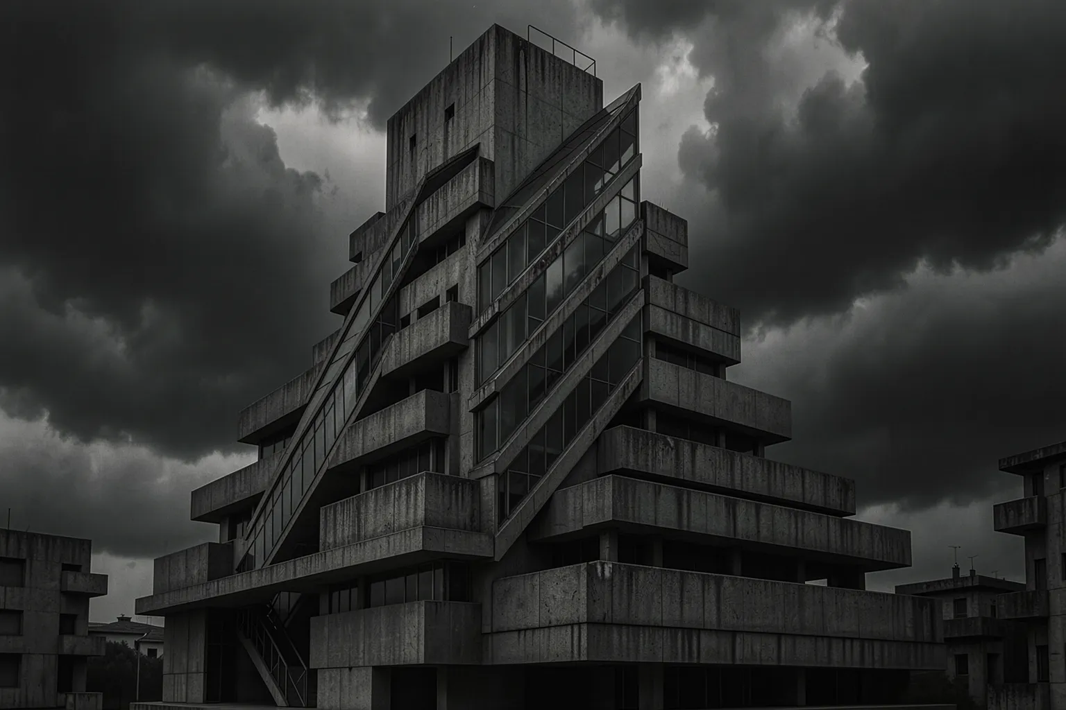 KI-Darstellung eines monumentalen futuristischen Betonturms mit außenliegenden diagonalen Aufzügen, im Geiste Sant'Elias