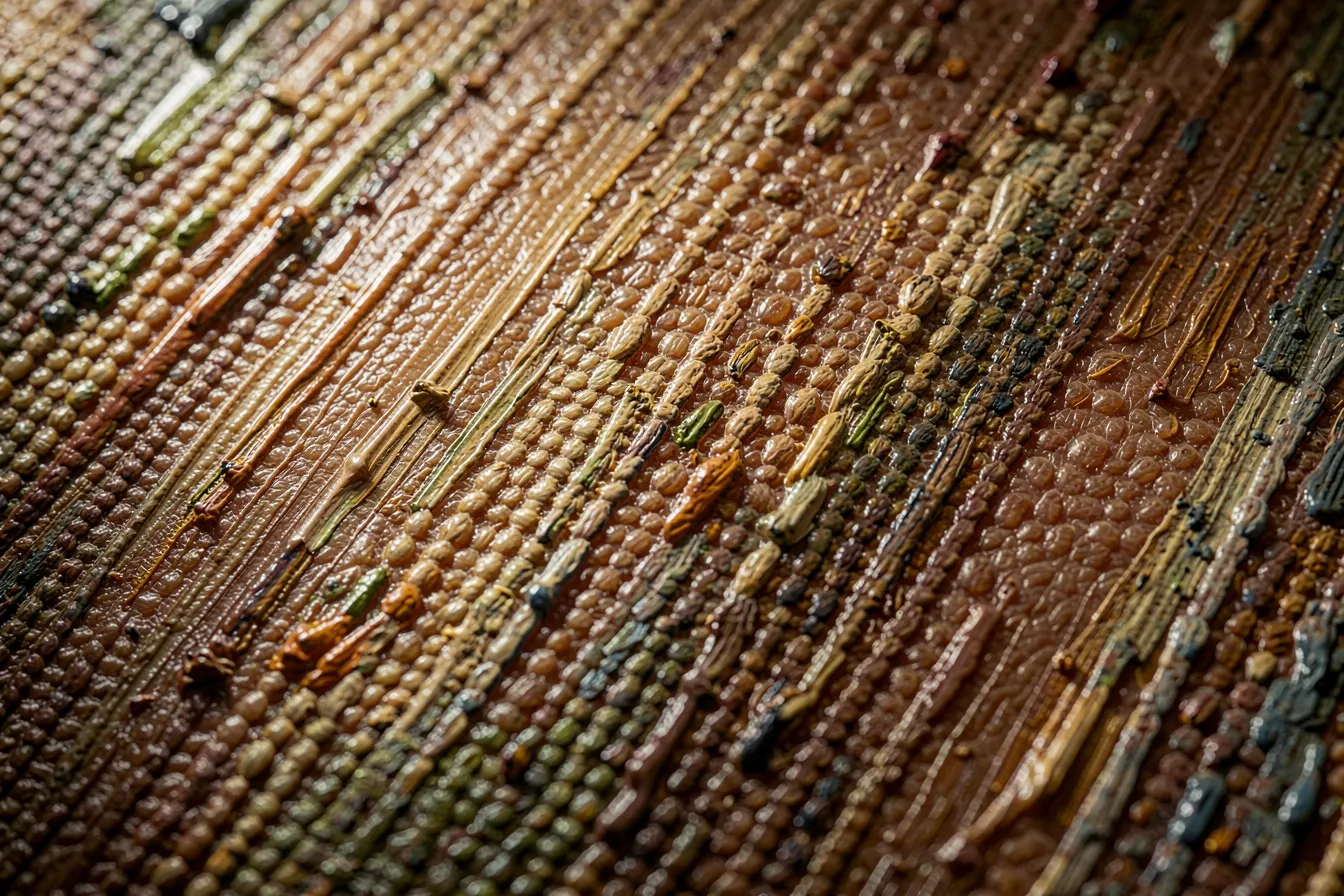 Vom KI-Upscaler erfundenes Makro-Texturdetail, Fäden und Hautporen
