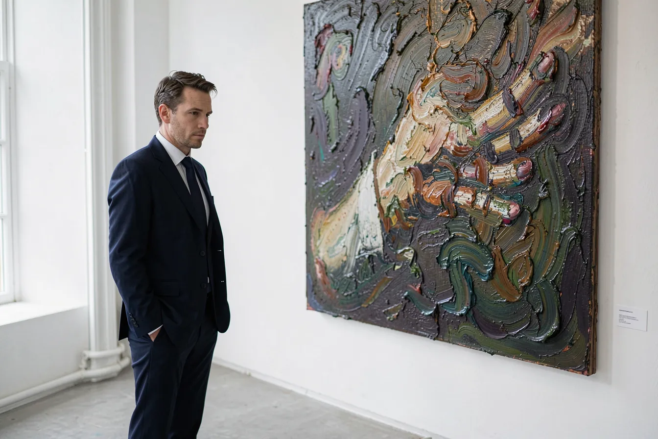 A collector studying a hand-painted canvas in a quiet gallery