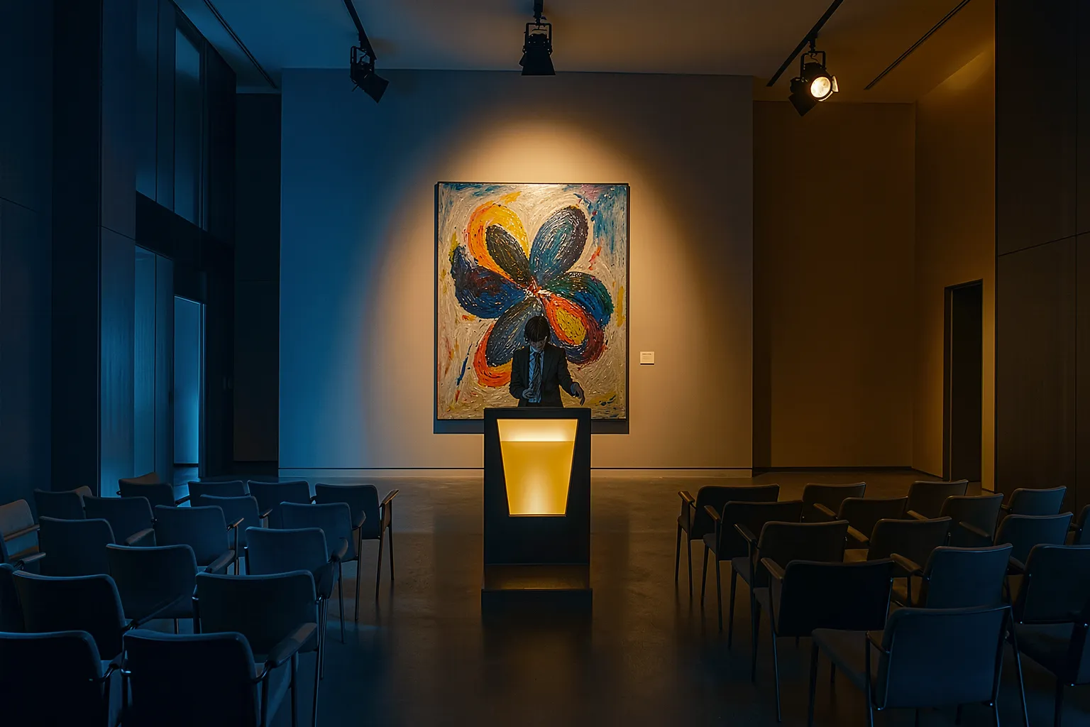 Abendauktion in einem Auktionshaus mit angestrahltem abstraktem Gemälde
