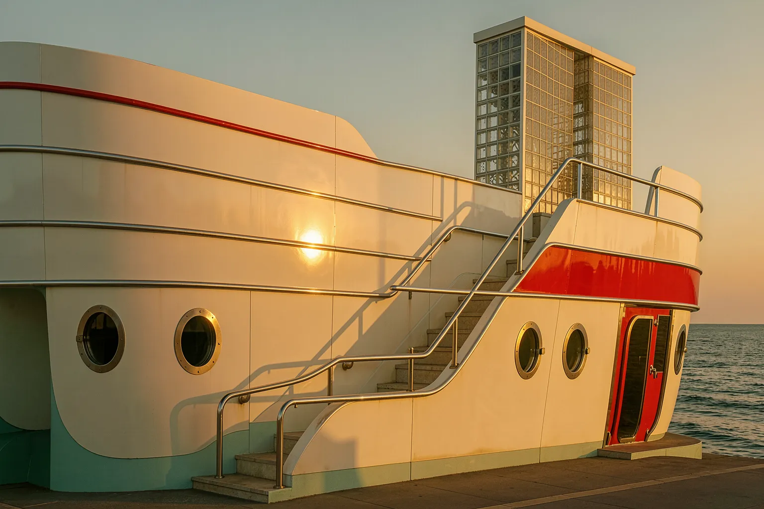 Streamline-Moderne-Pavillon am Meer mit geschwungener weißer Fassade zur goldenen Stunde
