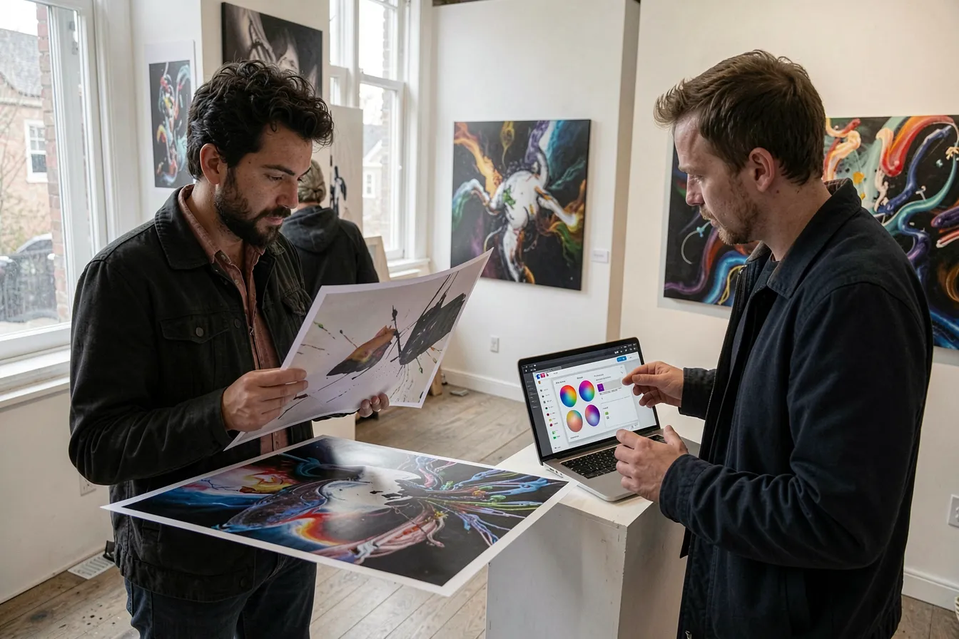 A gallerist and a generative artist reviewing AI art prints in a gallery back room