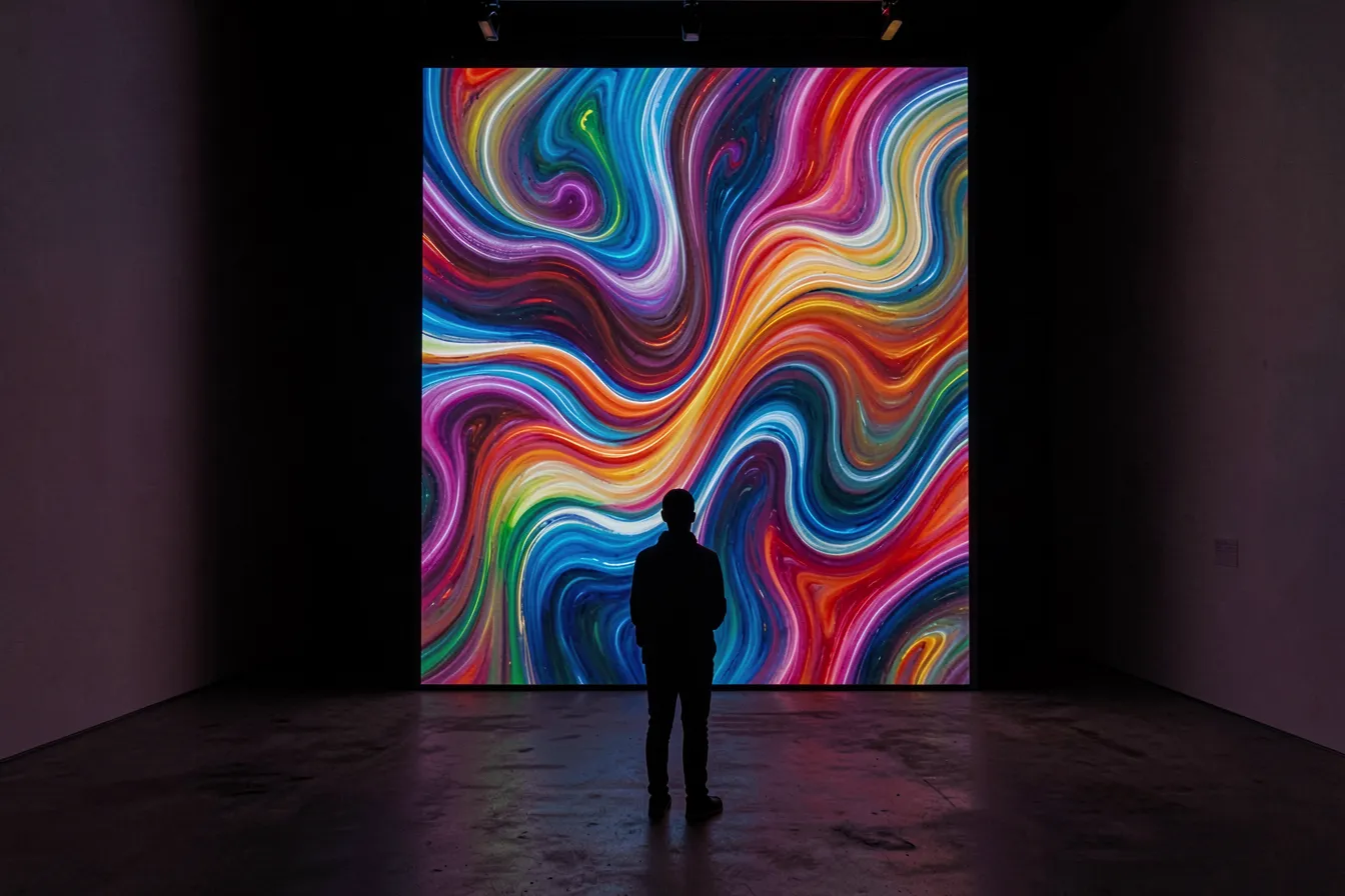 A large-scale generative video installation in a darkened gallery with a single viewer