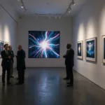 Zeitgenössischer Galerieraum mit generativer Bildschirmarbeit und gerahmten KI-Drucken in einer Einzelausstellung