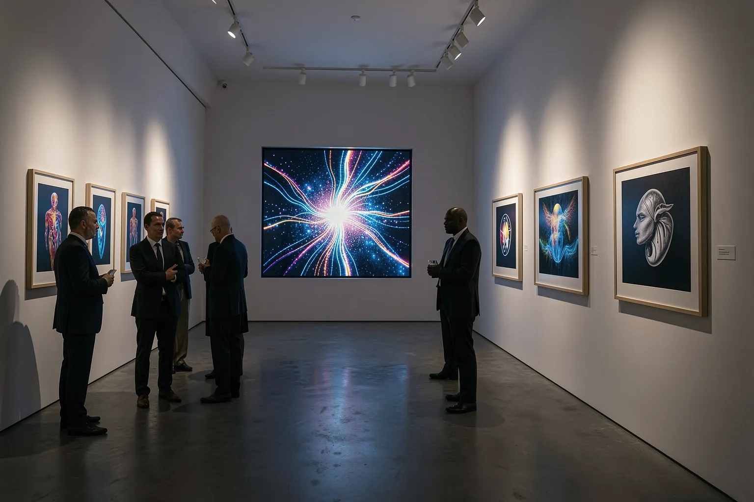 Zeitgenössischer Galerieraum mit generativer Bildschirmarbeit und gerahmten KI-Drucken in einer Einzelausstellung