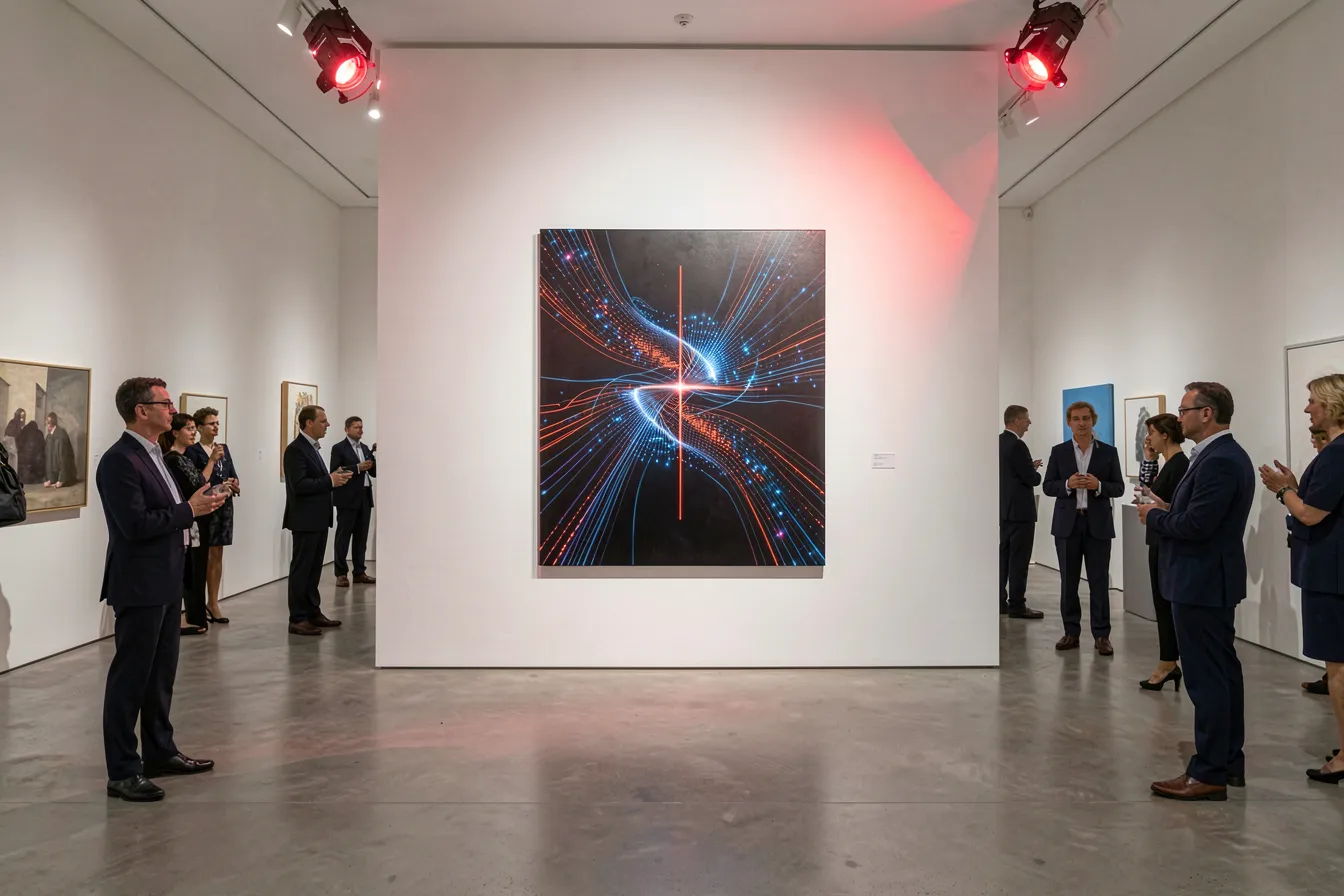 KI-generierte abstrakte Leinwand in einer edlen zeitgenössischen Museumsgalerie