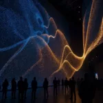 Immersive KI-Datenskulptur leuchtet an einer Museums-Atriumwand mit Besuchern