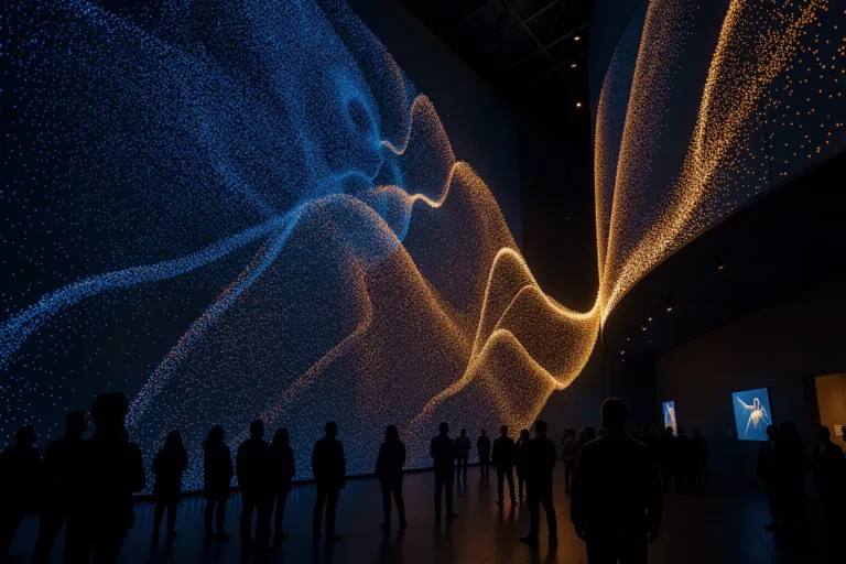 Immersive KI-Datenskulptur leuchtet an einer Museums-Atriumwand mit Besuchern