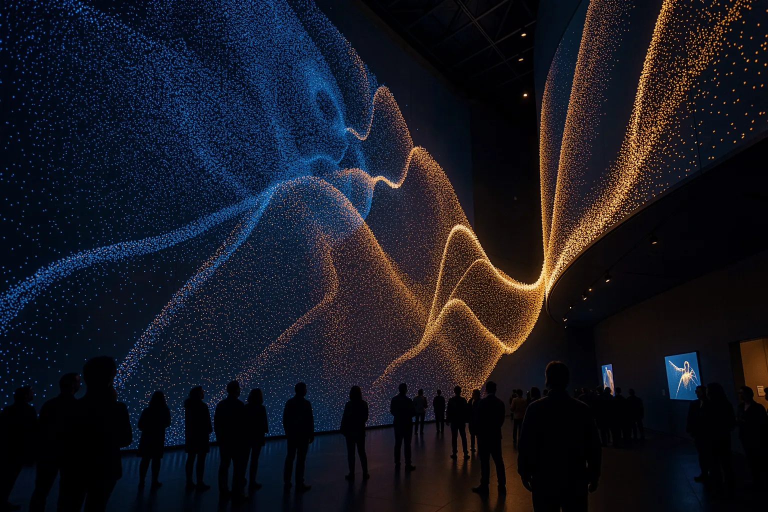 Immersive KI-Datenskulptur leuchtet an einer Museums-Atriumwand mit Besuchern