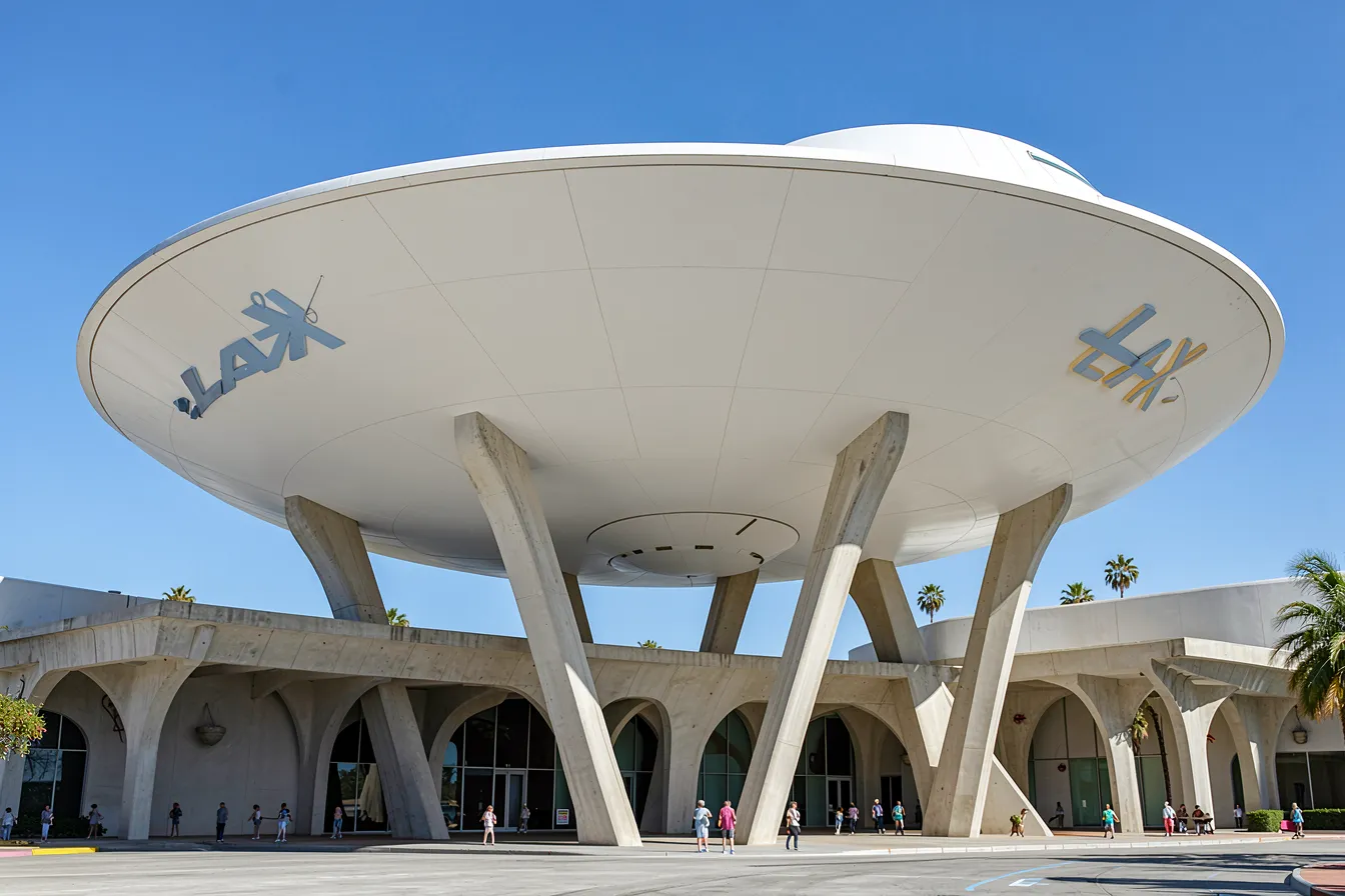 Ein Googie-Gebäude als fliegende Untertasse auf parabolischen Beinen, im Geist des LAX Theme Building