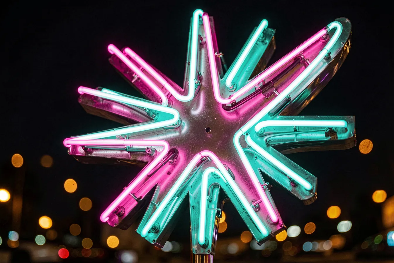 Ein leuchtendes Googie-Neonschild mit Sternexplosionen und Bumerangs bei Nacht