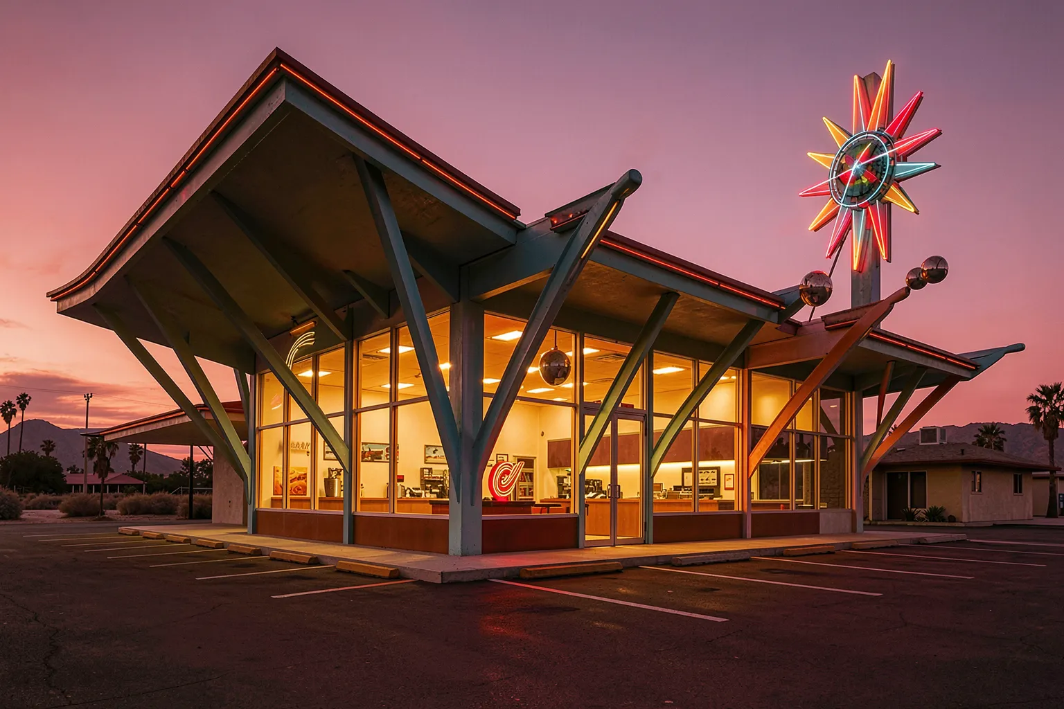 Googie-Café im Weltraumstil bei Dämmerung mit aufgeschwungenem Dach und Neonschild