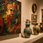 Galeriewand, an der ein strukturiertes Ölgemälde auf keramische Gefäße und einen Wandteppich trifft