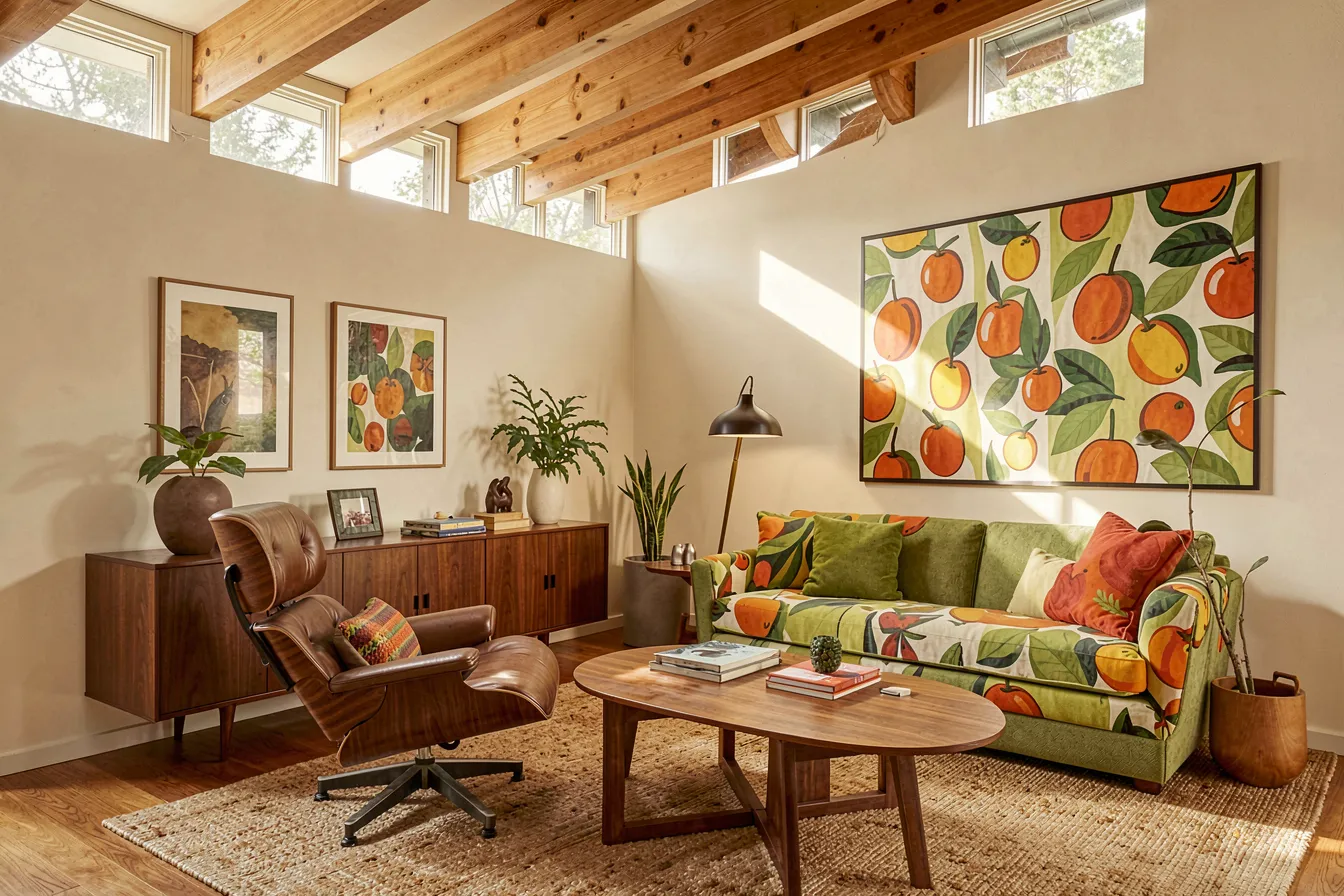Mid-Century-Wohnzimmer mit Eames Lounge Chair und hellen Girard-Textilien