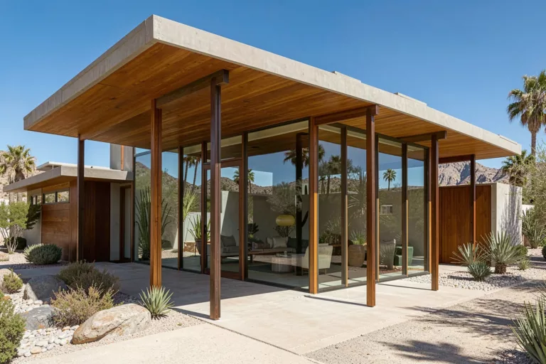 Mid-Century-Modern-Wüstenhaus mit Flachdach und Glaswänden bei Tageslicht