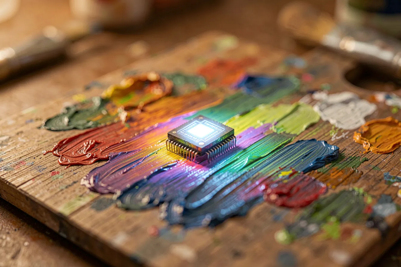 Ein leuchtender Datenchip auf der ölfarbenen Palette einer Künstlerin, der farbiges Licht wirft