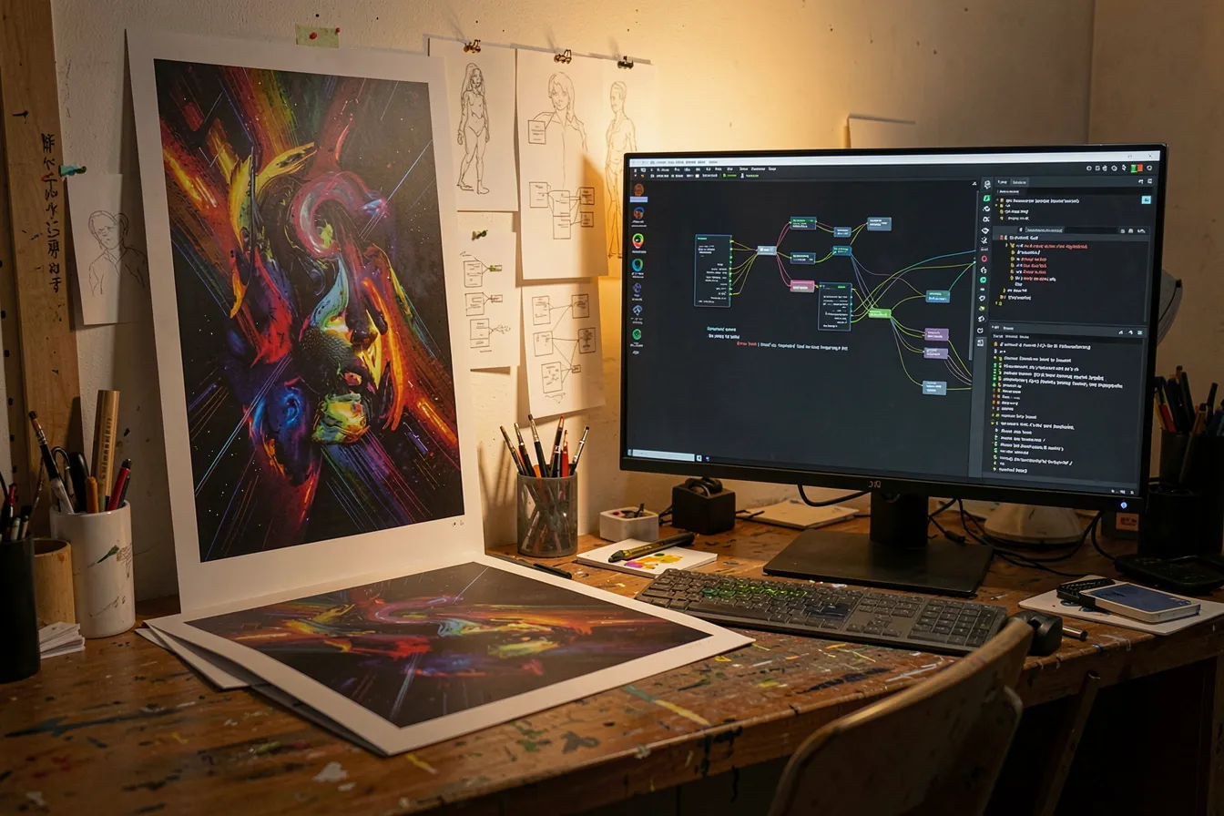 KI-Kunstprozess auf einem Atelierschreibtisch mit Node-basierter Bearbeitung und einem gedruckten Werk