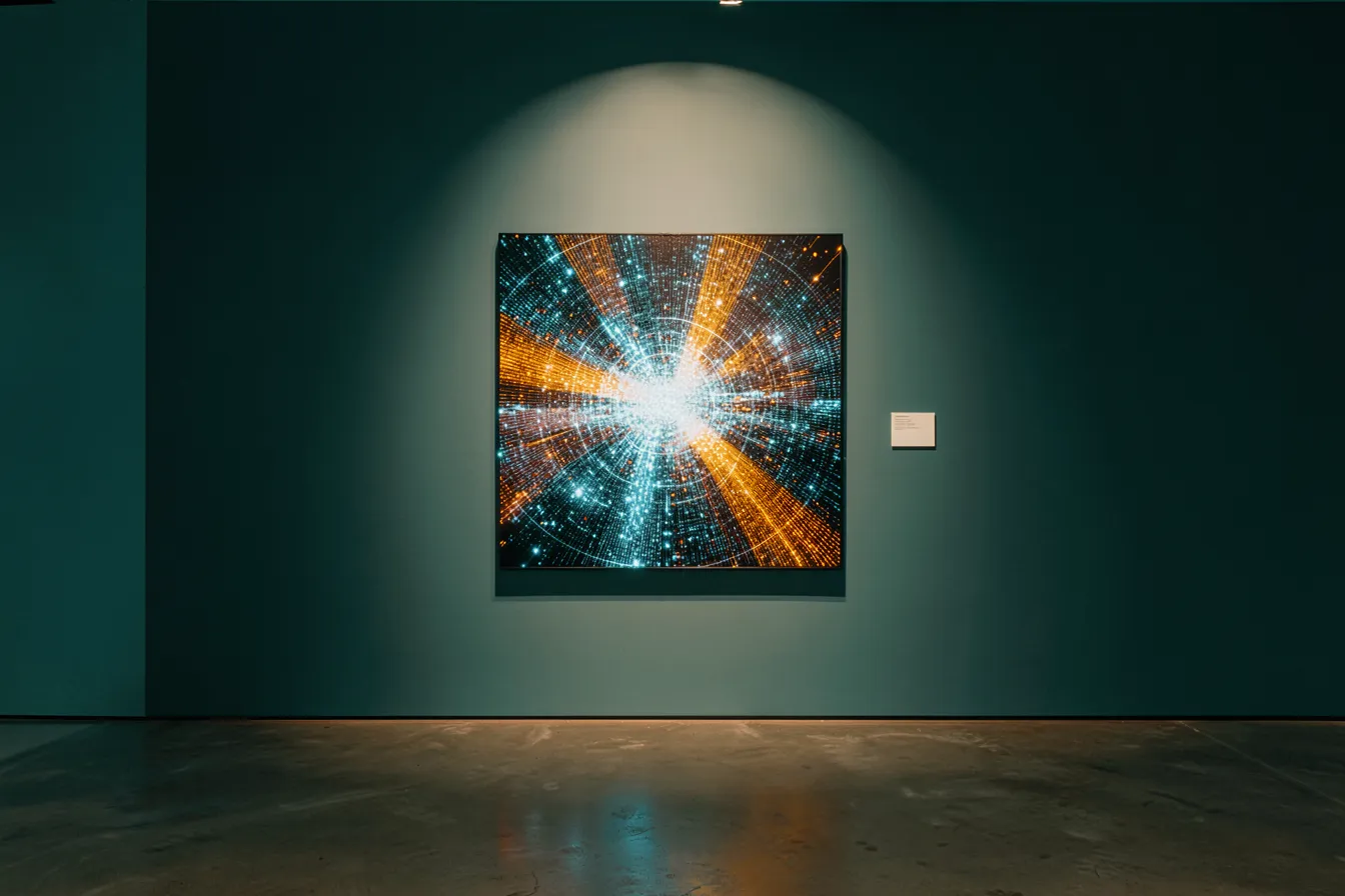 Eine leuchtende generative Datenkunst-Leinwand an einer Museumswand neben einem leeren Ausstellungsschild
