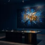 Ein Museums-Jurytisch vor einer leuchtenden Datenkunst-Leinwand im Spotlight