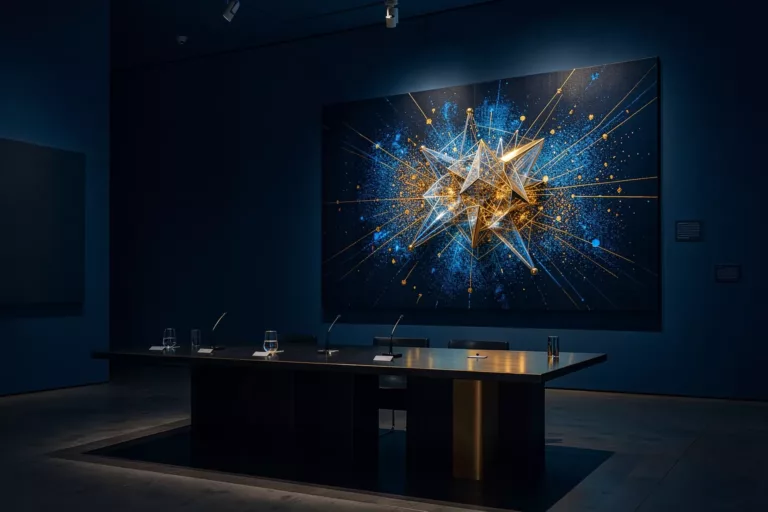Ein Museums-Jurytisch vor einer leuchtenden Datenkunst-Leinwand im Spotlight