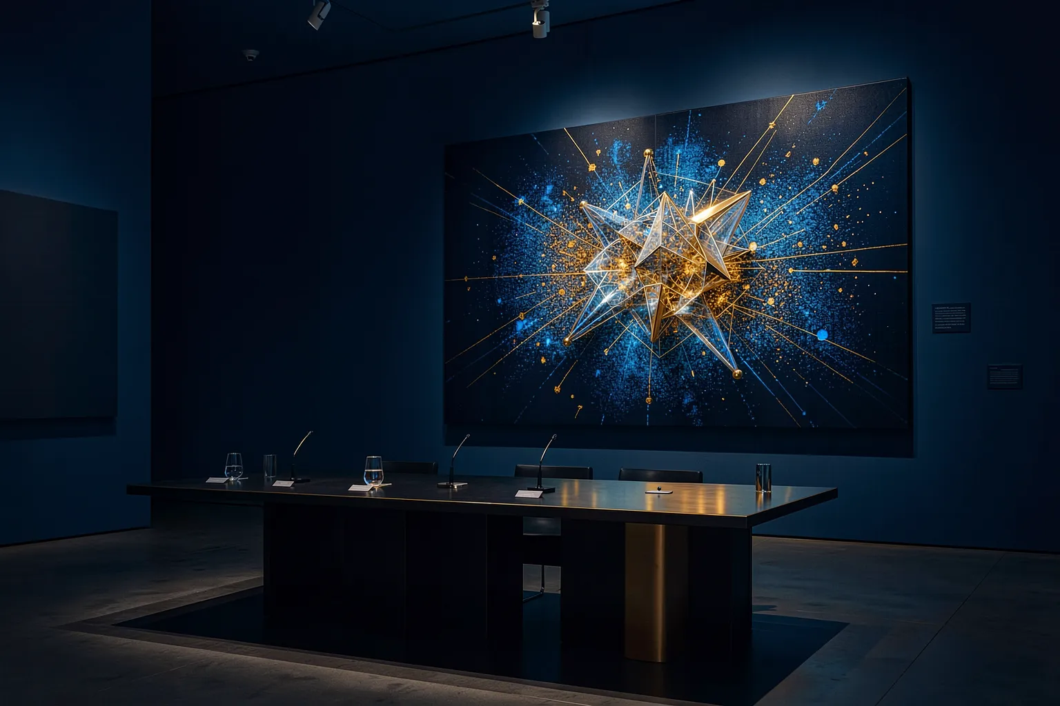 Ein Museums-Jurytisch vor einer leuchtenden Datenkunst-Leinwand im Spotlight