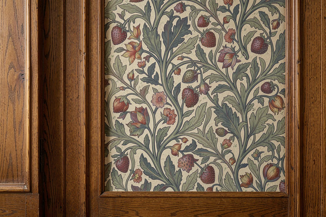 Tapete im Stil von William Morris mit Erdbeer- und Blattmuster, eingerahmt von geräucherter Eiche