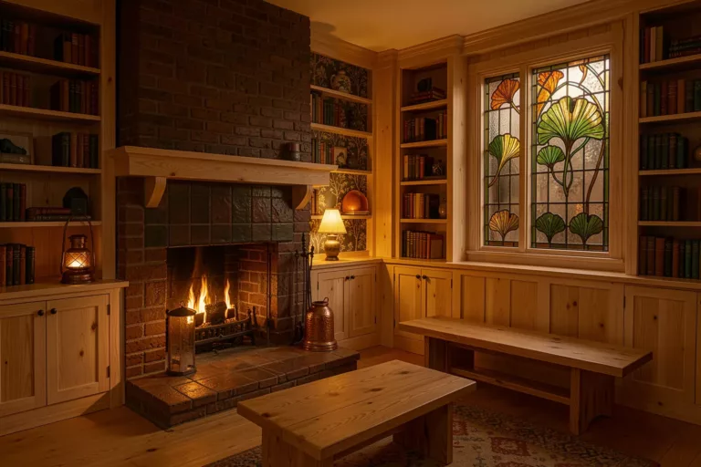 Wohnzimmer im Arts-and-Crafts-Stil mit Eichenvertäfelung, Backsteinkamin und Ginkgo-Bleiverglasung, von KI gerendert