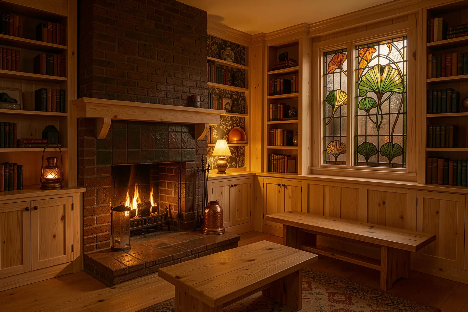 Wohnzimmer im Arts-and-Crafts-Stil mit Eichenvertäfelung, Backsteinkamin und Ginkgo-Bleiverglasung, von KI gerendert