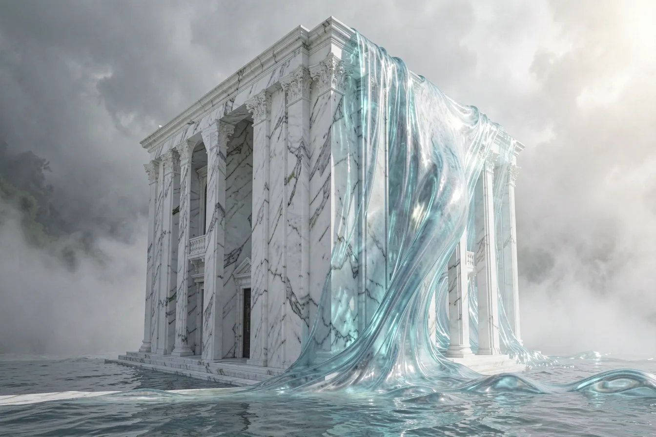 Surreales Gebäude, das Marmor und fließendes Wasser verschmilzt und zeigt, wie abwechselndes Prompt Scheduling zwei Konzepte zu einem vereint